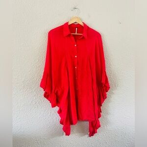 Free People Oversized Berry Red Button Up Ruffle Tunic Top